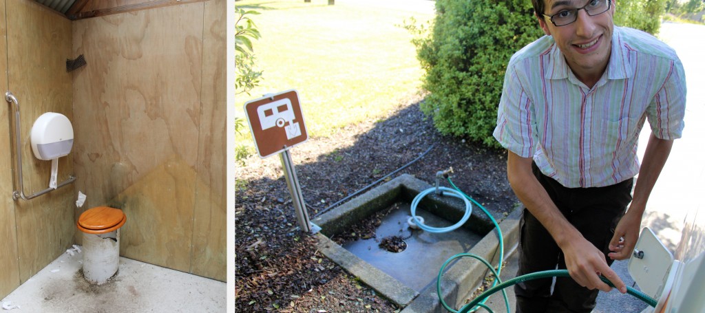 A gauche, les toilettes sèches les moins confortables que nous ayons rencontrées dans les DOC, à droite, remplissage du réservoir d'eau dans une station de vidange (dump station)