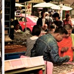 A droite, à l'intérieur du Siam Paragon, l'un des plus grands centre commercial d'Asie du sud-est. A gauche, stand dans la rue aux abords d'un temple.