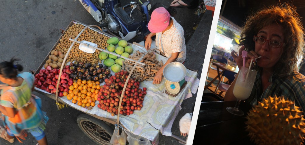 Etal de fruits et dégustation fameuse d'un milk shake au durian