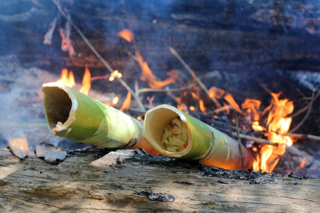 Légumes cuits à la vapeur dans du bambou dans la jungle du Mondolkiri