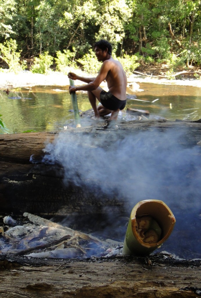 Préparation du repas dans la jungle et cuisson des légumes dans un bambou