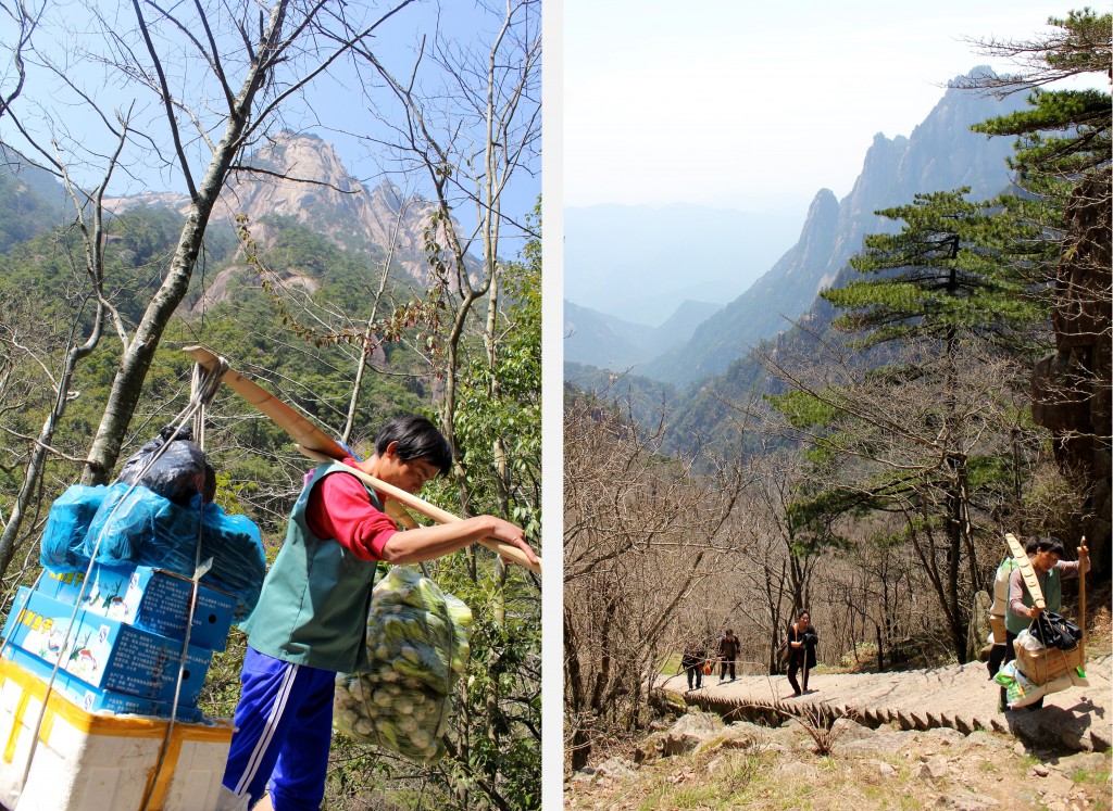 Ravitaillement des stands et hôtels dans la montagne par des porteurs surhumains