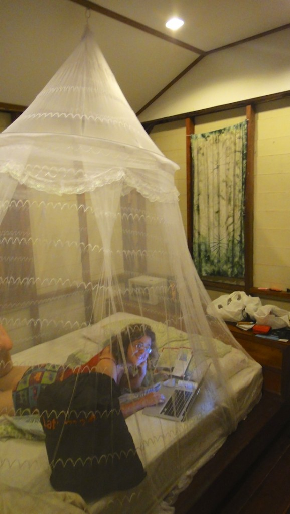 Sous une moustiquaire dans un bungalow sur une île de Thaïlande