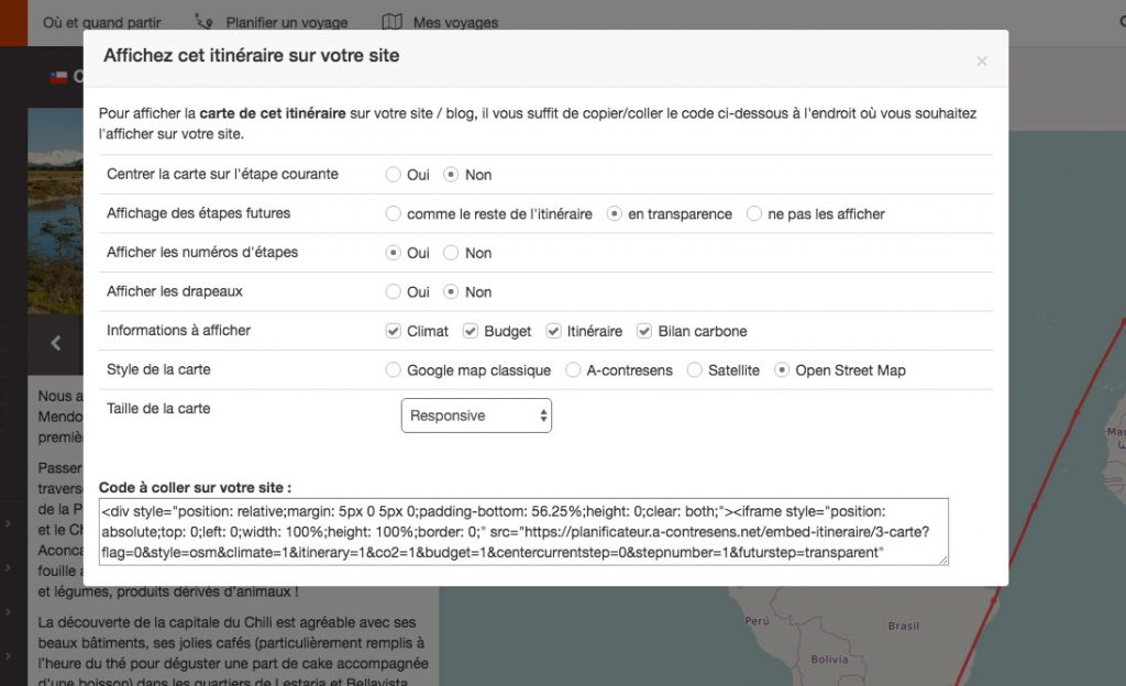 Configuration du widget de partage d'un itinéraire sur son blog