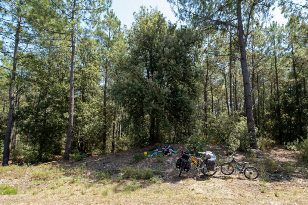 Sieste à l'ombre d'une forêt de pin sur la Vélodyssée 