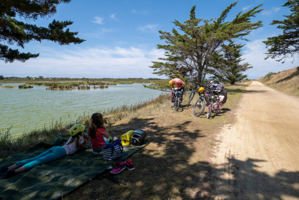 Pause pique-nique à l'ombre dans une réserve naturelle de Noirmoutier sur la Vélodyssée.